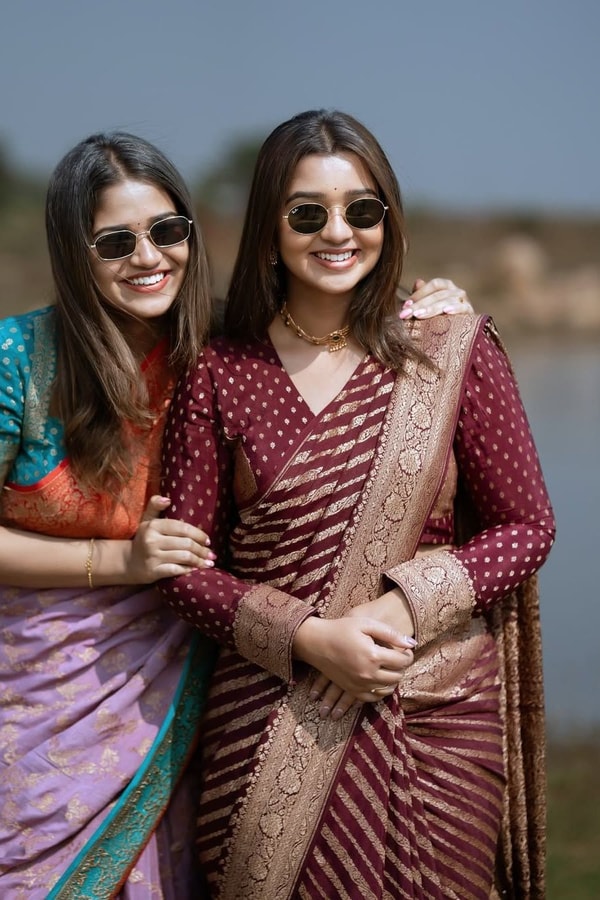 Maroon Banarasi Soft Silk Saree with Diagonal Zari Stripes and Beige Gold Brocade Pallu  in Surat