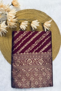 Maroon Banarasi Soft Silk Saree with Diagonal Zari Stripes and Beige Gold Brocade Pallu  in Surat