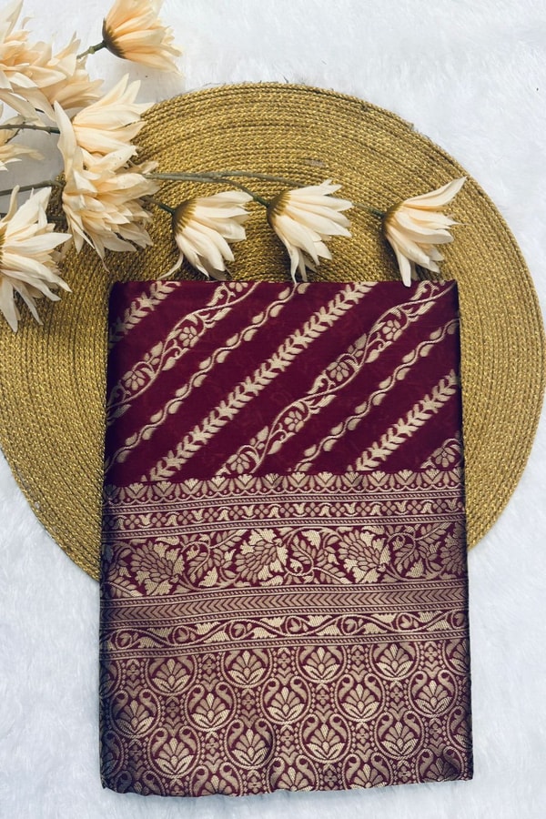 Maroon Banarasi Soft Silk Saree with Diagonal Zari Stripes and Beige Gold Brocade Pallu  in Surat