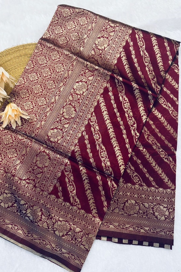Maroon Banarasi Soft Silk Saree with Diagonal Zari Stripes and Beige Gold Brocade Pallu  in Surat