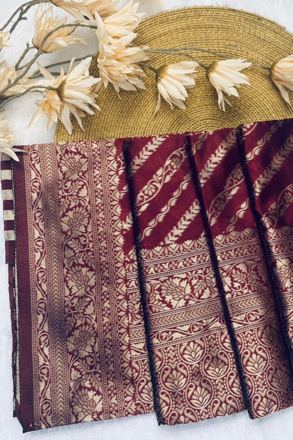 Maroon Banarasi Soft Silk Saree with Diagonal Zari Stripes and Beige Gold Brocade Pallu  in Surat