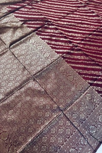 Maroon Banarasi Soft Silk Saree with Diagonal Zari Stripes and Beige Gold Brocade Pallu  in Surat
