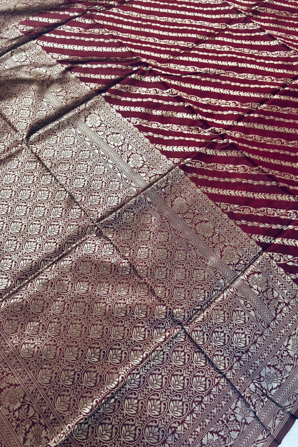 Maroon Banarasi Soft Silk Saree with Diagonal Zari Stripes and Beige Gold Brocade Pallu  in Surat