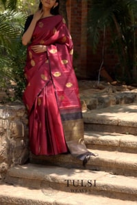 Maroon Banarasi Soft Silk Saree with Gold Zari Buttas and Black Contrast Border  in Surat video 1