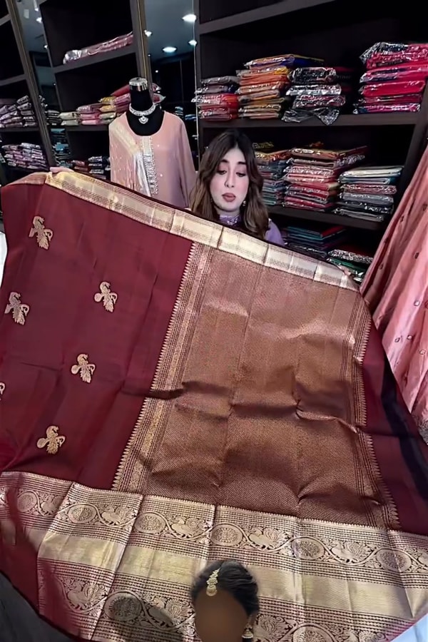 Maroon Banarasi Soft Silk Saree with Gold Zari Buttas and Wide Brocade Border  in Surat