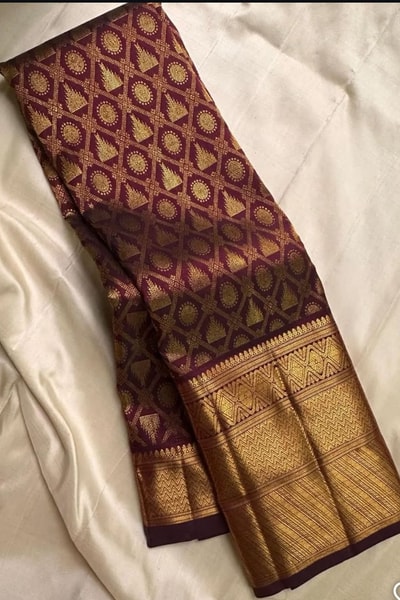 Maroon Banarasi Soft Silk Saree with Gold Zari Diamond Jaal and Heavy Temple-Style Border in Surat