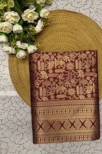 Maroon Banarasi Soft Silk Saree with Gold Zari Elephant and Folk Figure Brocade  in Surat