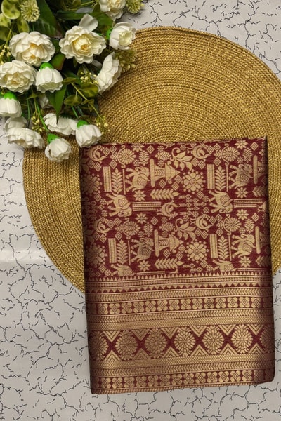 Maroon Banarasi Soft Silk Saree with Gold Zari Elephant and Folk Figure Brocade in Surat