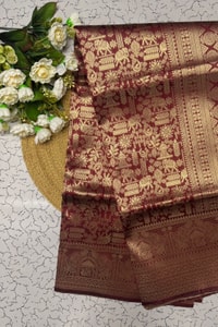 Maroon Banarasi Soft Silk Saree with Gold Zari Elephant and Folk Figure Brocade  in Surat