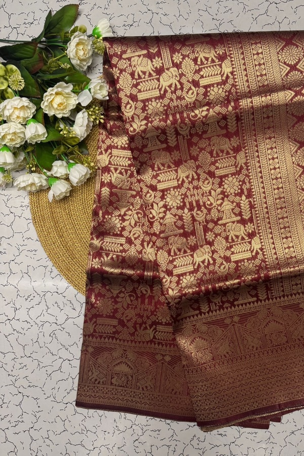 Maroon Banarasi Soft Silk Saree with Gold Zari Elephant and Folk Figure Brocade  in Surat