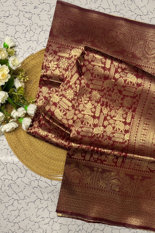 Maroon Banarasi Soft Silk Saree with Gold Zari Elephant and Folk Figure Brocade  in Surat