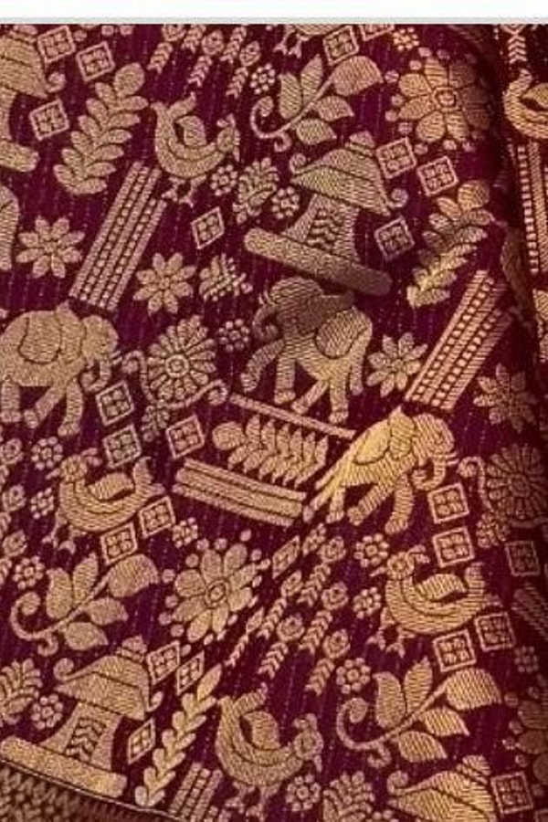 Maroon Banarasi Soft Silk Saree with Gold Zari Elephant and Folk Figure Brocade  in Surat