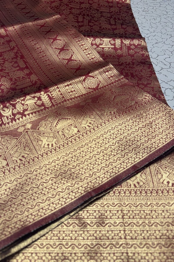 Maroon Banarasi Soft Silk Saree with Gold Zari Elephant and Folk Figure Brocade  in Surat