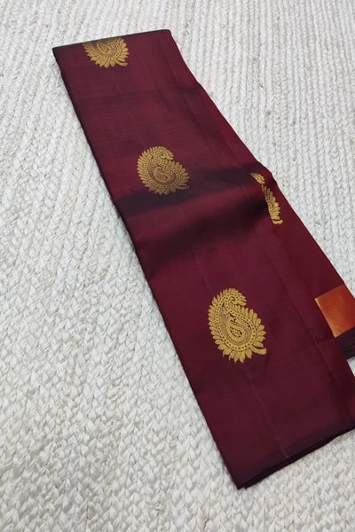 Maroon Banarasi Soft Silk Saree with Gold Zari Mango Buttas and Woven Gold Pallu in Surat