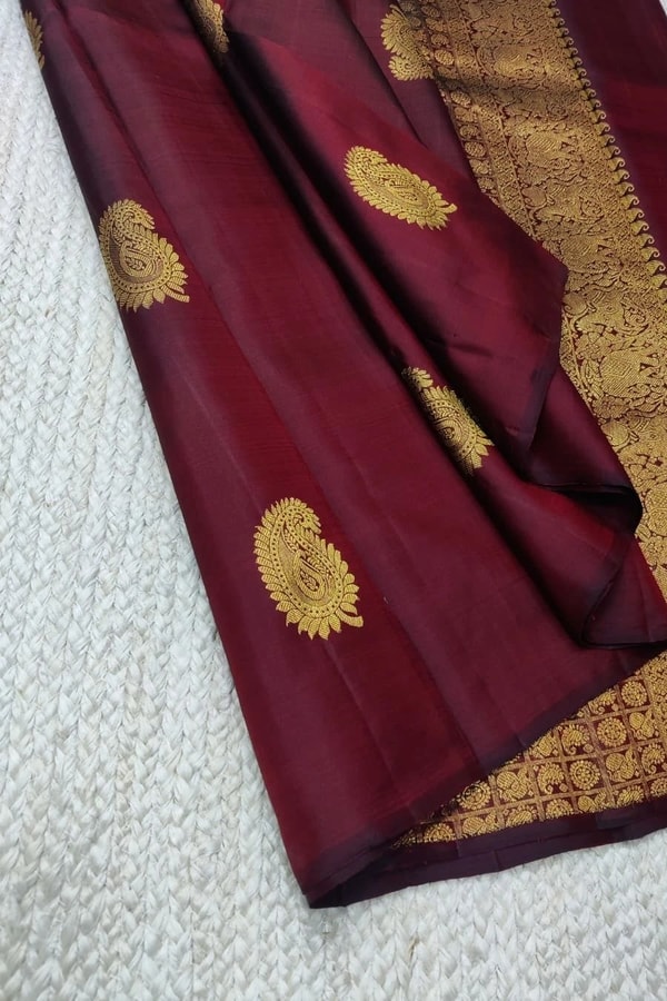 Maroon Banarasi Soft Silk Saree with Gold Zari Mango Buttas and Woven Gold Pallu  in Surat
