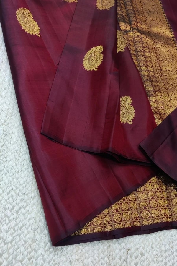 Maroon Banarasi Soft Silk Saree with Gold Zari Mango Buttas and Woven Gold Pallu  in Surat