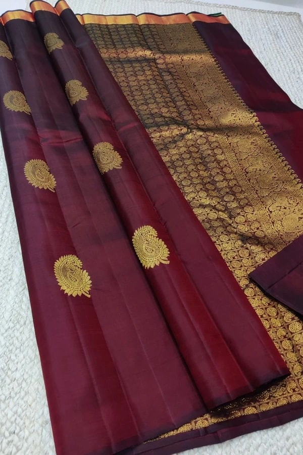 Maroon Banarasi Soft Silk Saree with Gold Zari Mango Buttas and Woven Gold Pallu  in Surat
