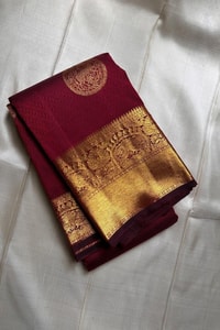 Maroon Banarasi Soft Silk Saree with Round Zari Medallion Buttas and Checked Gold Pallu  in Surat