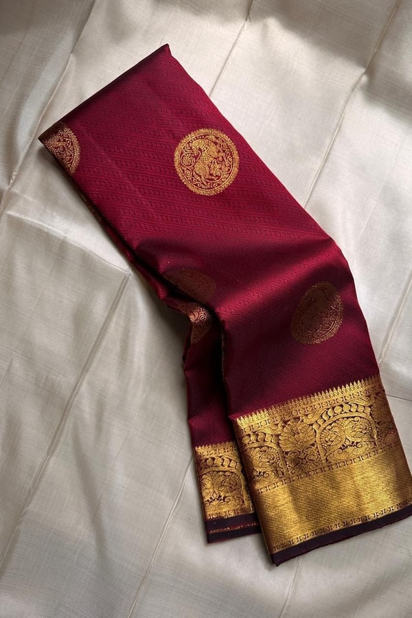 Maroon Banarasi Soft Silk Saree with Round Zari Medallion Buttas and Checked Gold Pallu  in Surat