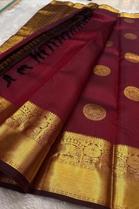 Maroon Banarasi Soft Silk Saree with Round Zari Medallion Buttas and Checked Gold Pallu  in Surat