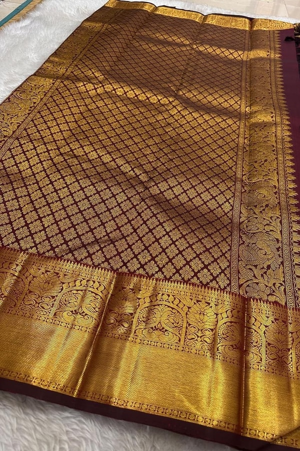 Maroon Banarasi Soft Silk Saree with Round Zari Medallion Buttas and Checked Gold Pallu  in Surat