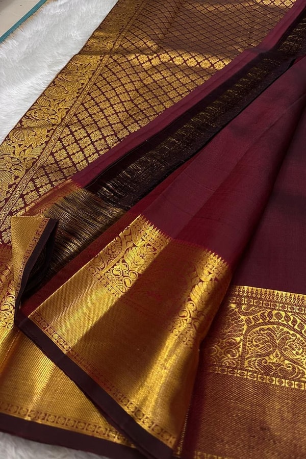 Maroon Banarasi Soft Silk Saree with Round Zari Medallion Buttas and Checked Gold Pallu  in Surat