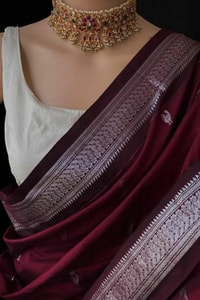 Maroon Banarasi Soft Silk Saree with Silver Zari Border and Woven Motif Pallu  in Surat