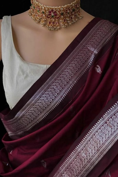 Maroon Banarasi Soft Silk Saree with Silver Zari Border and Woven Motif Pallu in Surat