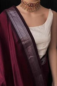 Maroon Banarasi Soft Silk Saree with Silver Zari Border and Woven Motif Pallu  in Surat