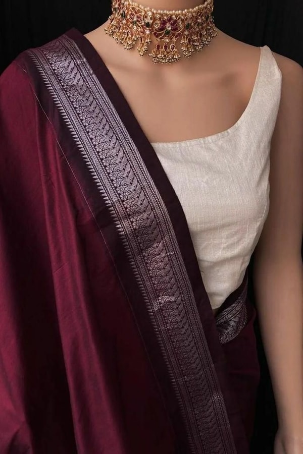 Maroon Banarasi Soft Silk Saree with Silver Zari Border and Woven Motif Pallu  in Surat