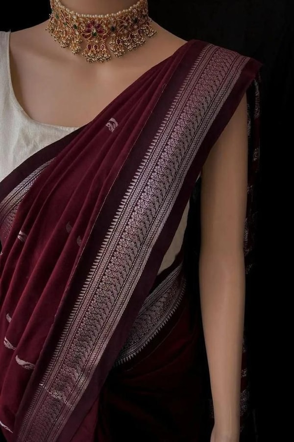Maroon Banarasi Soft Silk Saree with Silver Zari Border and Woven Motif Pallu  in Surat