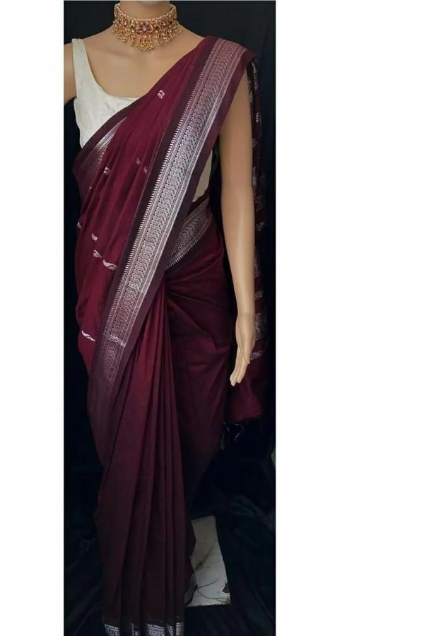 Maroon Banarasi Soft Silk Saree with Silver Zari Border and Woven Motif Pallu  in Surat