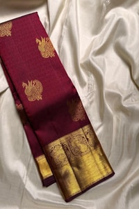 Maroon Peacock Butta Banarasi Soft Silk Saree with Gold Diamond Lattice Pallu and Broad Border  in Surat