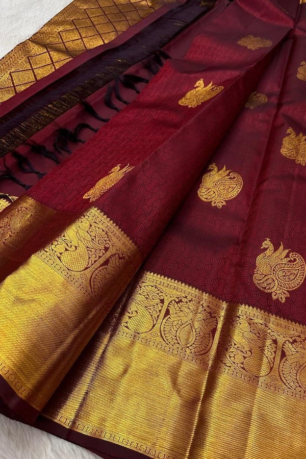 Maroon Peacock Butta Banarasi Soft Silk Saree with Gold Diamond Lattice Pallu and Broad Border  in Surat
