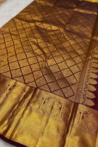 Maroon Peacock Butta Banarasi Soft Silk Saree with Gold Diamond Lattice Pallu and Broad Border  in Surat