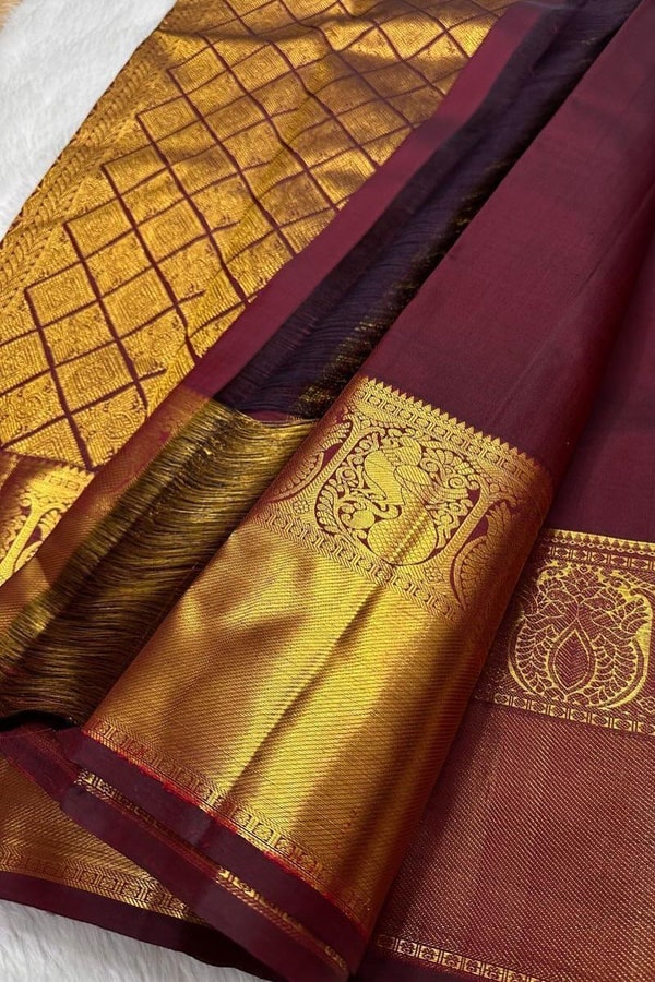 Maroon Peacock Butta Banarasi Soft Silk Saree with Gold Diamond Lattice Pallu and Broad Border  in Surat