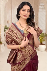 Maroon Zari Leaf Butta Banarasi Soft Silk Saree with Wide Brocade Border in Gold or Silver Zari  in Surat