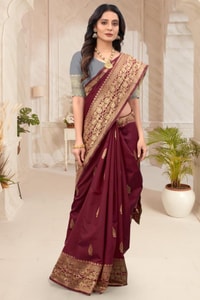 Maroon Zari Leaf Butta Banarasi Soft Silk Saree with Wide Brocade Border in Gold or Silver Zari  in Surat