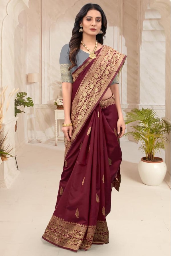 Maroon Zari Leaf Butta Banarasi Soft Silk Saree with Wide Brocade Border in Gold or Silver Zari  in Surat
