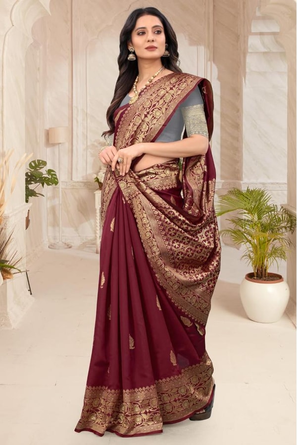Maroon Zari Leaf Butta Banarasi Soft Silk Saree with Wide Brocade Border in Gold or Silver Zari  in Surat