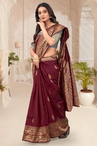 Maroon Zari Leaf Butta Banarasi Soft Silk Saree with Wide Brocade Border in Gold or Silver Zari  in Surat