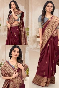 Maroon Zari Leaf Butta Banarasi Soft Silk Saree with Wide Brocade Border in Gold or Silver Zari  in Surat