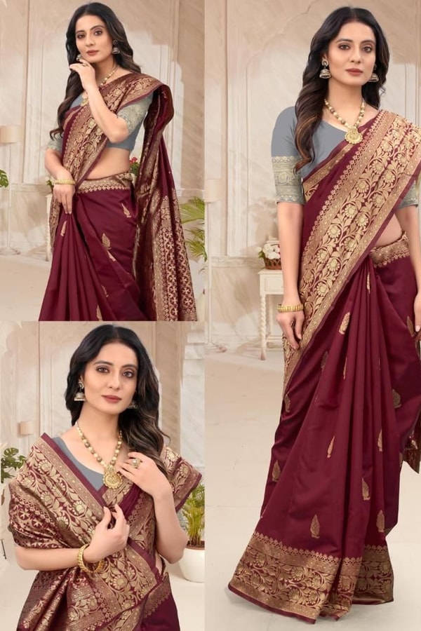 Maroon Zari Leaf Butta Banarasi Soft Silk Saree with Wide Brocade Border in Gold or Silver Zari  in Surat