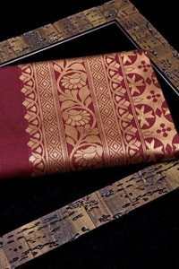 Maroon Zari Leaf Butta Banarasi Soft Silk Saree with Wide Brocade Border in Gold or Silver Zari  in Surat