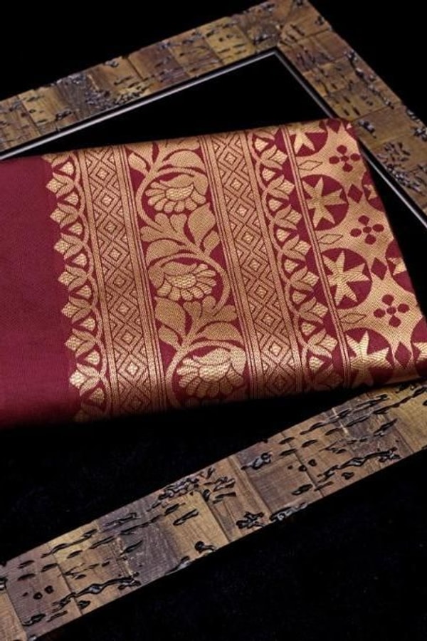 Maroon Zari Leaf Butta Banarasi Soft Silk Saree with Wide Brocade Border in Gold or Silver Zari  in Surat
