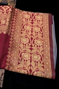 Maroon Zari Leaf Butta Banarasi Soft Silk Saree with Wide Brocade Border in Gold or Silver Zari  in Surat