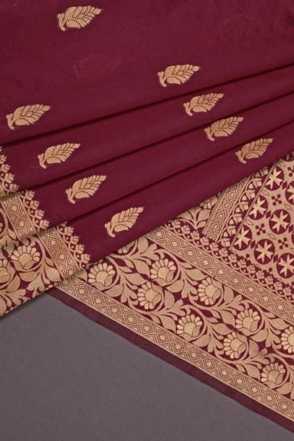 Maroon Zari Leaf Butta Banarasi Soft Silk Saree with Wide Brocade Border in Gold or Silver Zari  in Surat