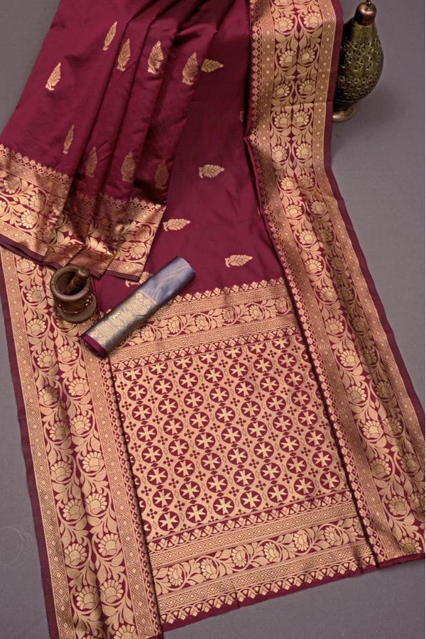 Maroon Zari Leaf Butta Banarasi Soft Silk Saree with Wide Brocade Border in Gold or Silver Zari  in Surat