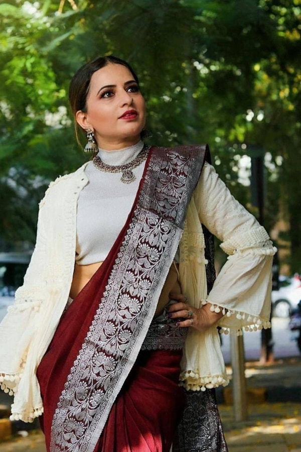 Maroon Zari Leaf Butta Banarasi Soft Silk Saree with Wide Brocade Border in Gold or Silver Zari  in Surat
