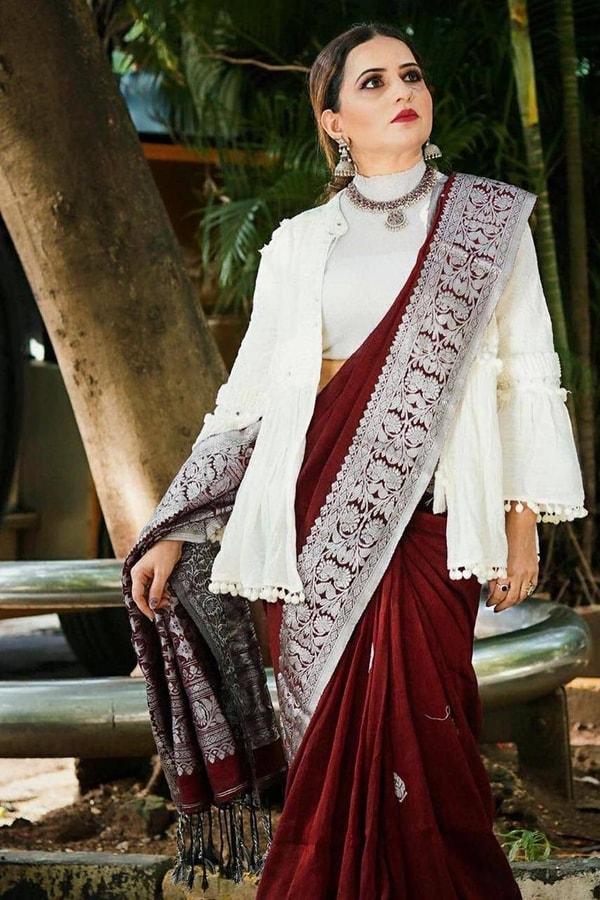 Maroon Zari Leaf Butta Banarasi Soft Silk Saree with Wide Brocade Border in Gold or Silver Zari  in Surat